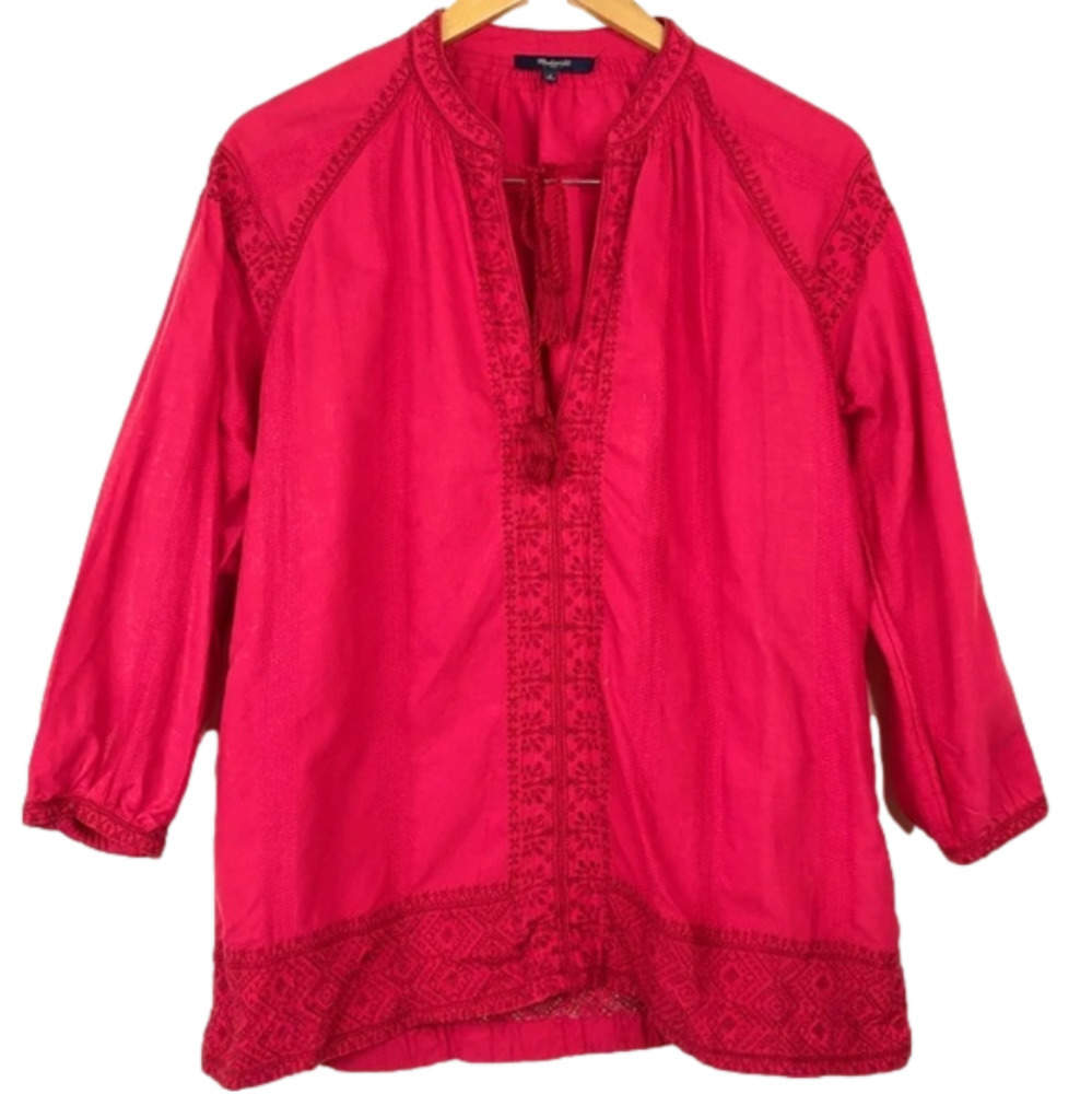 Madewell Women's Sz S Red Embroidered 3/4 Sleeve Tussle Tie Blouse Top